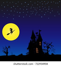 Halloween night background with witch and castle. Flat vector stock illustration