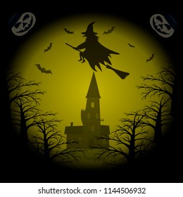 Halloween night background. Witch flying on broomstick, bats, castle on hill, eerie dark forest, grinning pumpkins