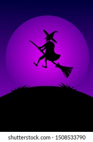 Halloween night background ,Witch flying on big moon background.
