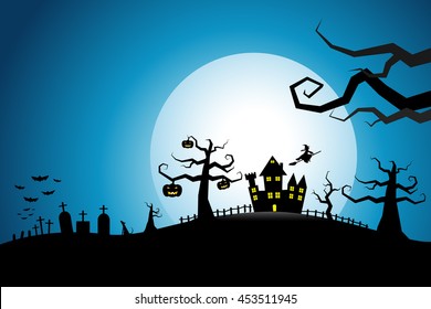 Halloween night background, witch flying from the castle over cemetery on white full moon   