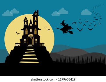 Halloween night background with witch
,haunted house and full moon.