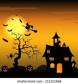 Halloween night background with witch and pumpkins