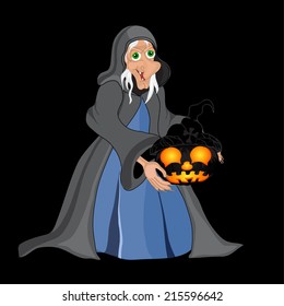 Halloween night background with  witch and pumpkins. Halloween banner .Vector illustration