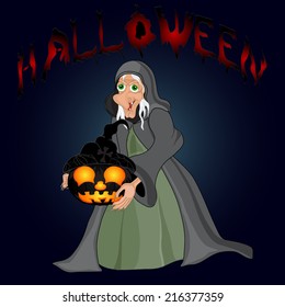 Halloween night background with  witch and pumpkins. 