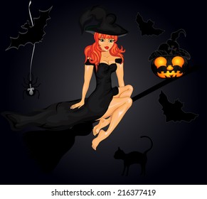 Halloween night background with  witch and pumpkins. Vector illustration