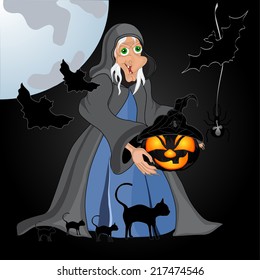Halloween night background with witch and pumpkins. Halloween banner. Vector illustration