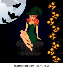 Halloween night background with witch and pumpkins. Vector illustration