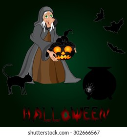 Halloween night background with  witch and pumpkins. Halloween banner .Vector illustration