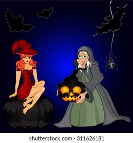 Halloween night background with  witch and pumpkins. Vector illustration