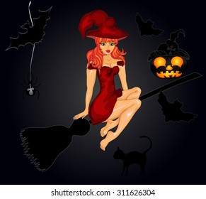 Halloween night background with  witch and pumpkins. Vector illustration