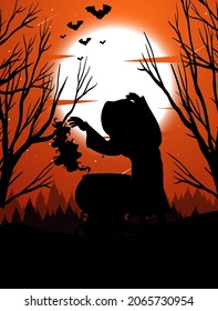 Halloween night background with witch silhouette illustration
