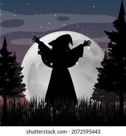Halloween night background with witch silhouette illustration