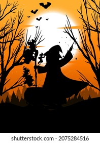 Halloween night background with witch silhouette illustration