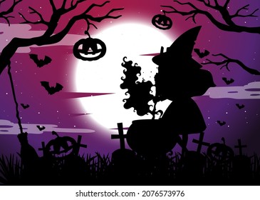 Halloween night background with witch silhouette illustration