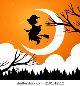 Halloween night background with witch silhouette illustration