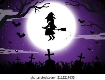 Halloween night background with witch silhouette illustration