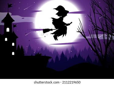 Halloween night background with witch silhouette illustration