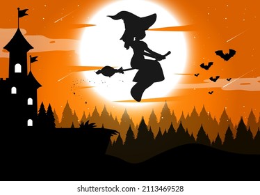 Halloween night background with witch silhouette illustration