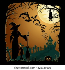 Halloween night background with a witch. Vector illustration