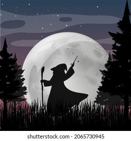 Halloween night background with wizard silhouette illustration
