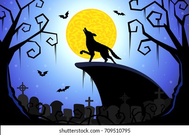 Halloween night background with wolf and full Moon, illustration.