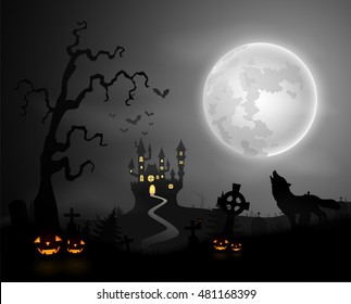 Halloween night background with wolf howling, pumpkins, castle and full moon