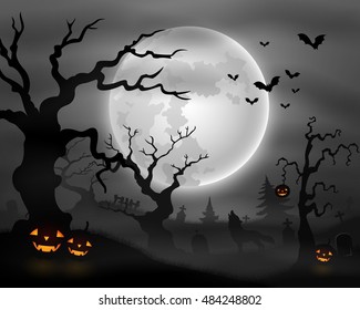 Halloween night background with wolf howling, pumpkins and full moon