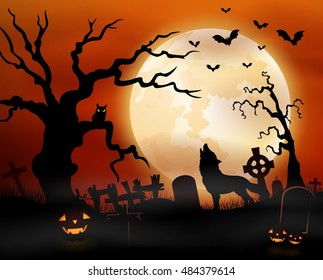 Halloween night background with wolf howling, pumpkins, owl on tree and full moon