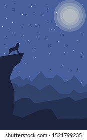Halloween night background with wolf and Moon, illustration.