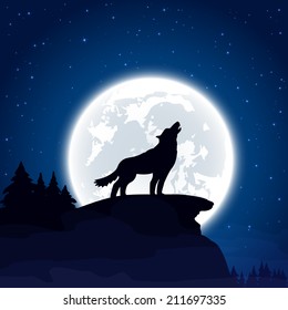 Halloween night background with wolf and Moon, illustration.