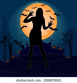 Halloween night background with woman silhouette, creepy castle, moon, cemetery cross, bats and pumpkins. Orange moonlight with woman ghost. Happy halloween poster. Stock vector illustration