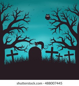 Halloween night background in wood on an old graveyard with cat 