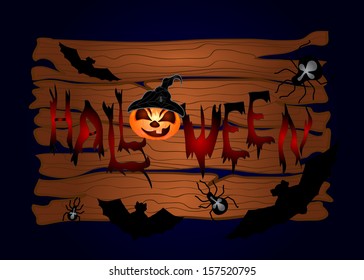 Halloween night background with wood and pumpkins. Vector illustration 