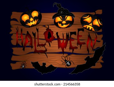 Halloween night background with wood and pumpkins. Vector illustration