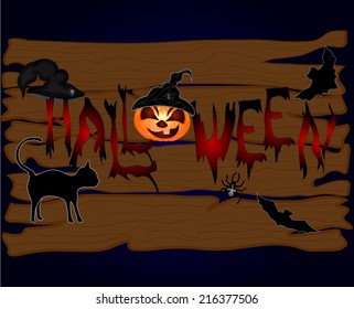 Halloween night background with wood and pumpkins. Vector illustration