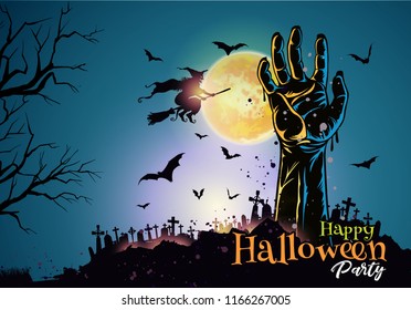 Halloween night background with zombie hand, witch  and full moon. Flyer or invitation template for Halloween party. Vector illustration.