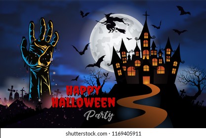 Halloween night background with zombie hand, witch and castle over full moon. Flyer or invitation template for Halloween party.-Vector illustration.