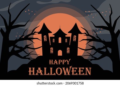 Halloween night background.Castle with beautiful full moon view. vector illustration.