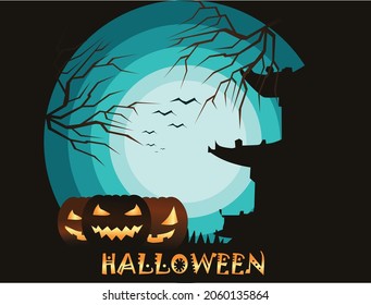 Halloween night background.castle on blue Moon background.with pumpkin.trees and bats.