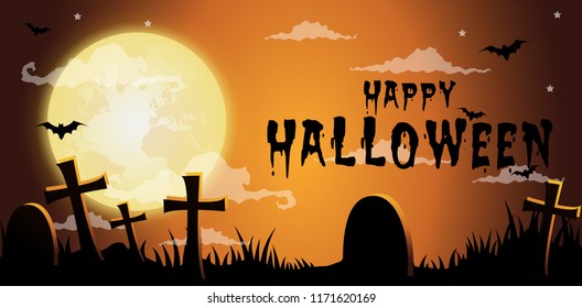 Halloween night background,Gravestones and full moon.Vector illustration.