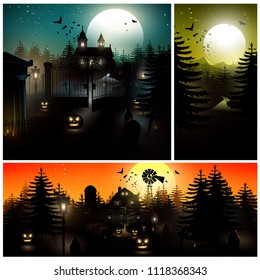 Halloween night backgrounds collection. Haunted house, scary church and gloomy forrest.