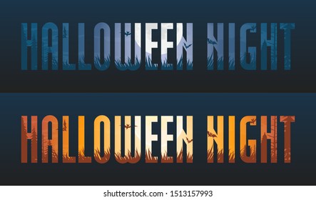 Halloween night backgrounds. Full moon, grass, trees and bats . Cartoon vector illustration