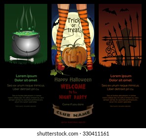 Halloween night backgrounds with  jack-o'-lantern,  full moon, cemetery, magic cauldron and sexy witch legs in striped stockings. Vector trifold brochure.