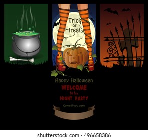 Halloween night backgrounds with jack-o'-lantern, full moon, cemetery, magic cauldron and sexy witch legs in striped stockings. Vector brochure