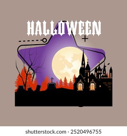 Design de banner de noite de Halloween. Castelo gótico, cemitério, lua. Texto digitado, caligrafia. Feriado, celebração, conceito de horror. Ilustração vetorial para convite ou cartaz