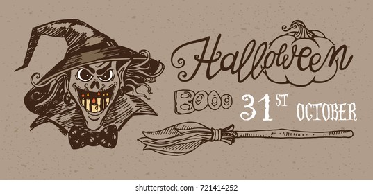 Halloween night banner with lettering, scary character and broom