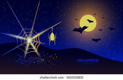 Banner nocturno de Halloween con araña y telaraña.