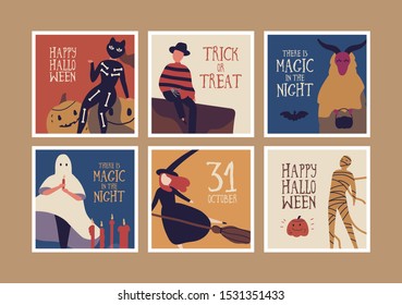 Halloween night banner vector templates set. Autumn holiday greeting cards, festive postcards designs pack. October tradition, seasonal celebration. Horror characters illustrations with typography.