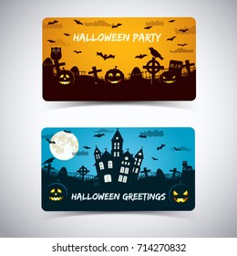 Halloween night banners with haunted house cemetery lanterns from pumpkin animals on sky background isolated vector illustration