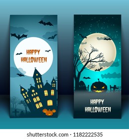 Halloween night banners with moon lanterns of jack haunted house with glowing windows 3d isolated vector illustration
